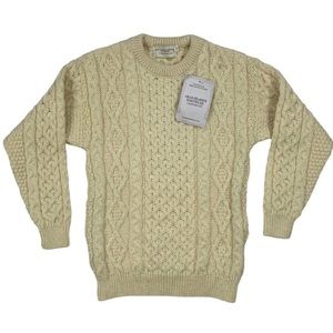 Aran Islands Knitwear Irish Cable Knit Wool Sweater Pullover Crewneck Cream XS
